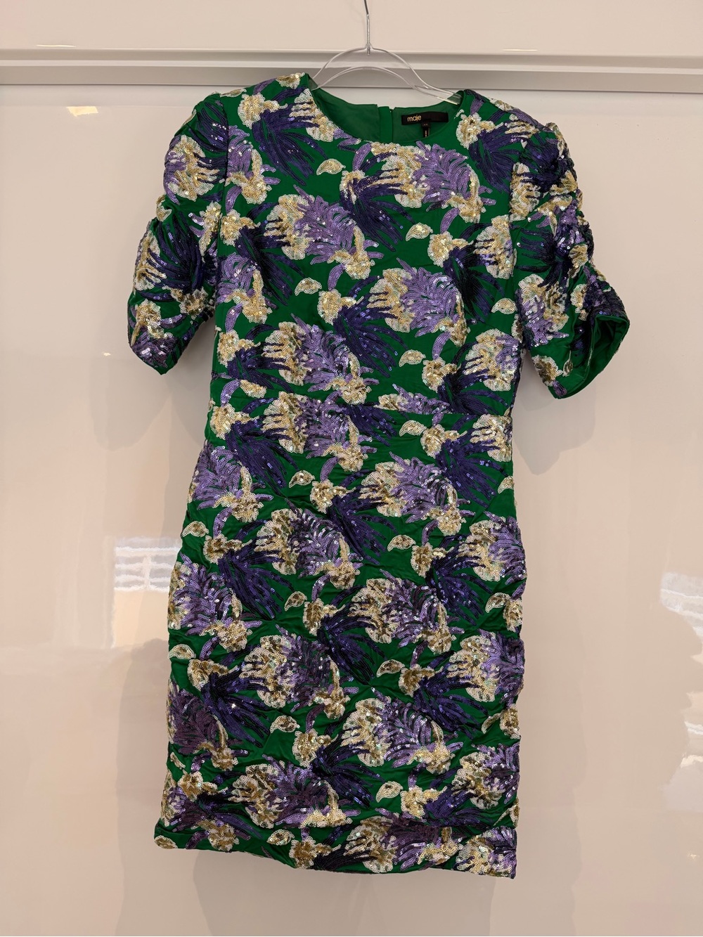 Maje Green Dress with Purple and Cream Floral Embroidery